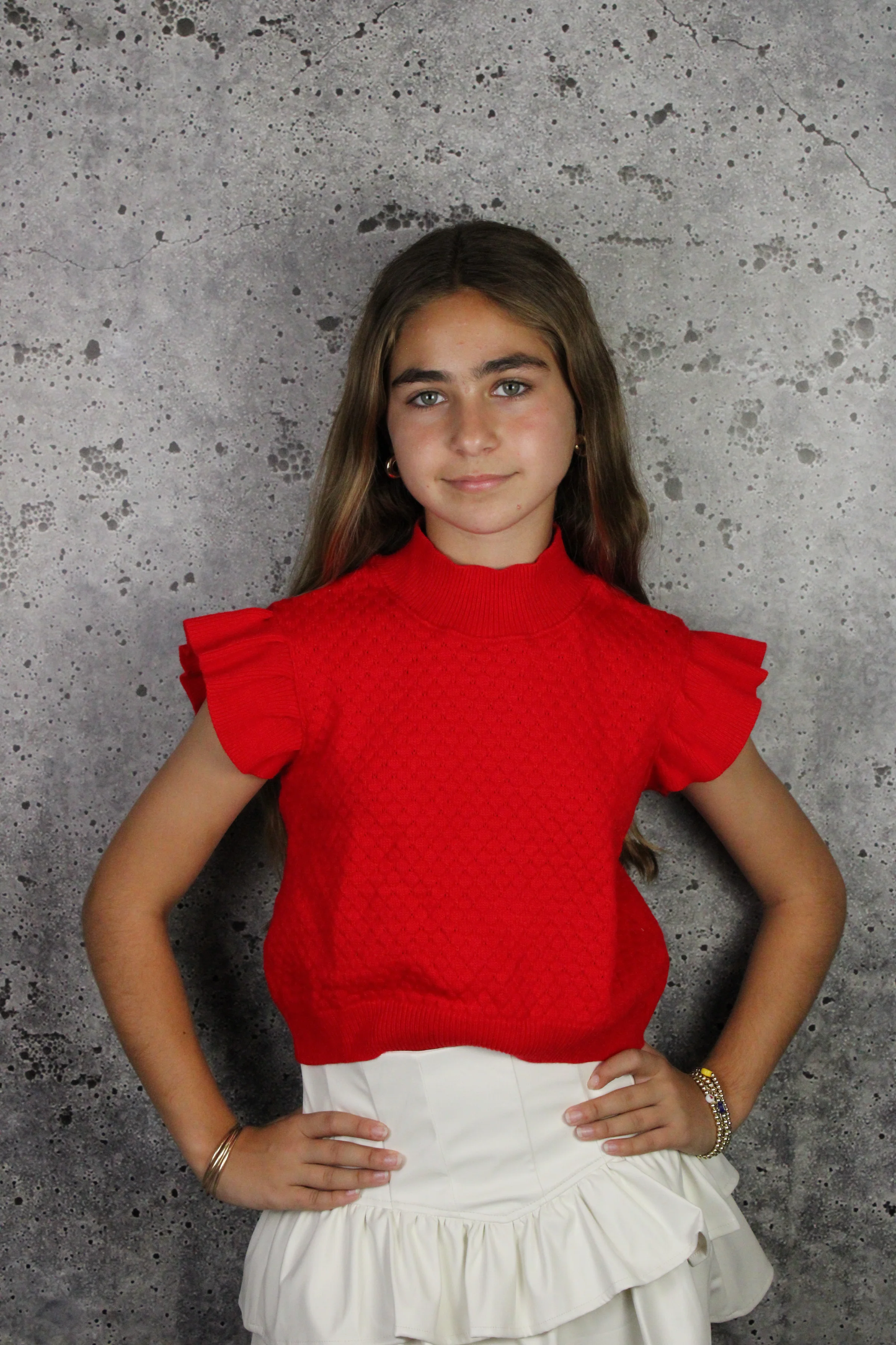 Knit Ruffle Sleeve Top - Red
