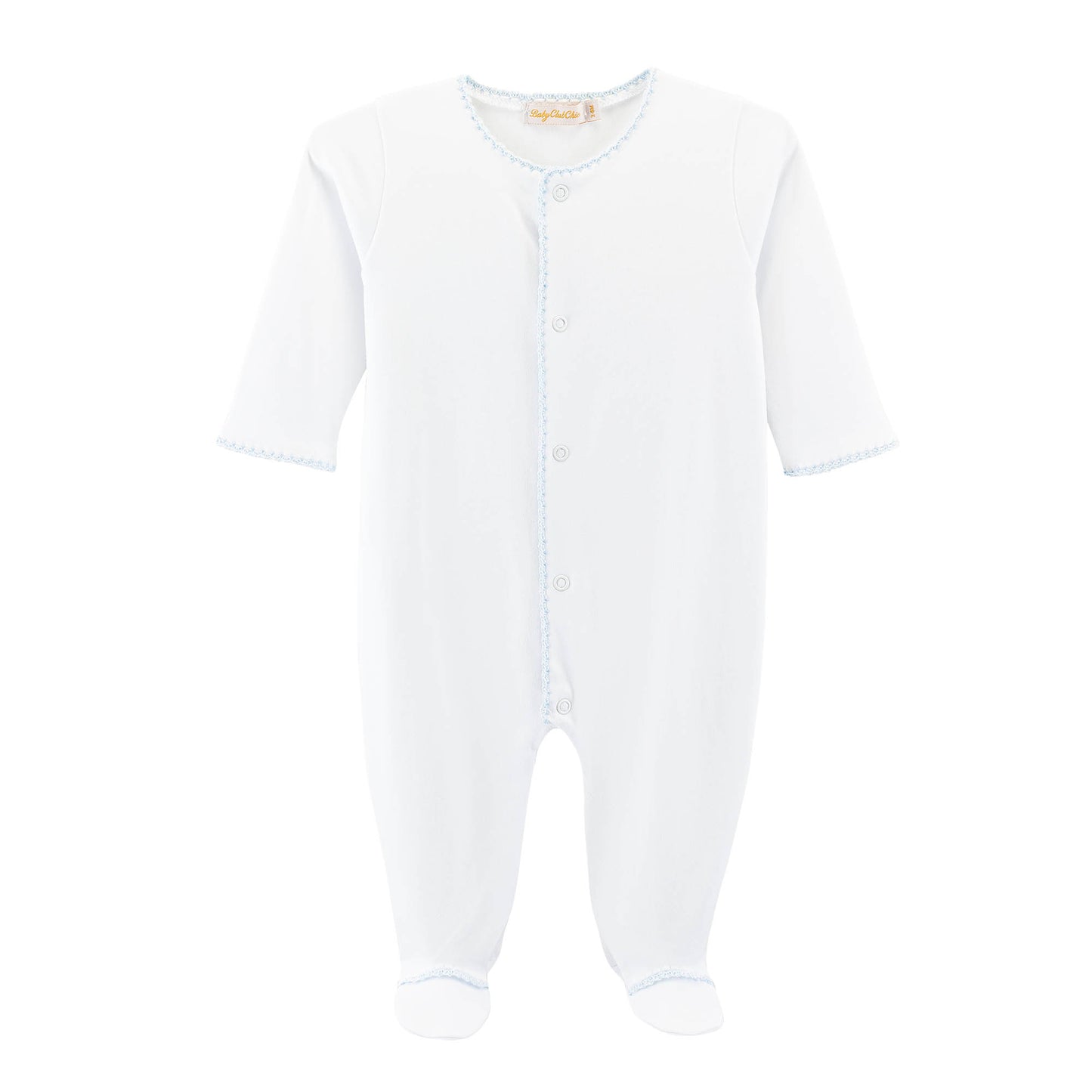 White Footie - Blue Crochet Trim