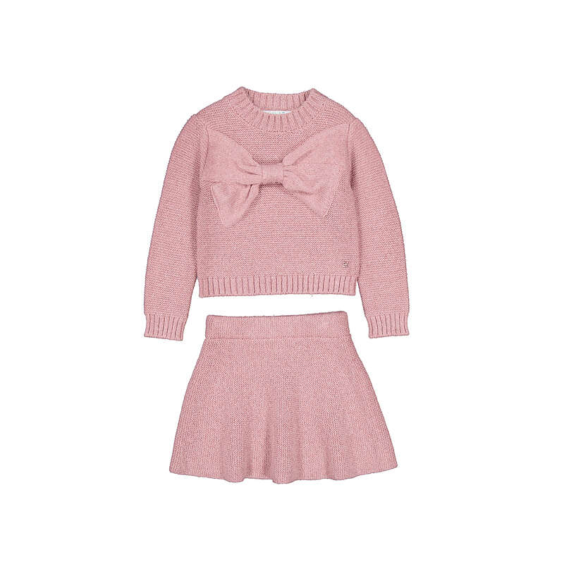 Sweater Knit Skirt Set w Bow-Petal