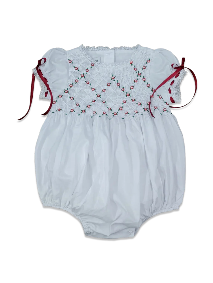 Wht Batiste Heirloom Smocked Bubble/Red-Grn