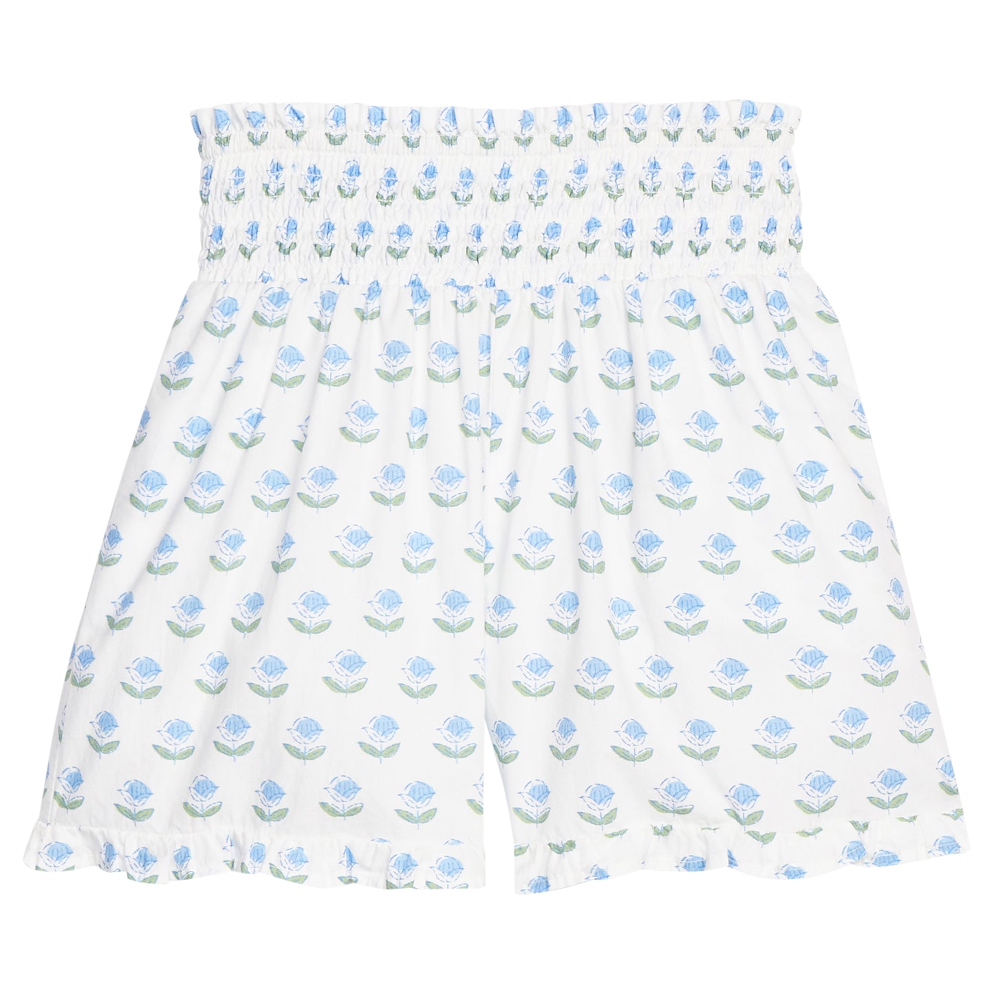 Shirred Shorts-Blue Tulip Print