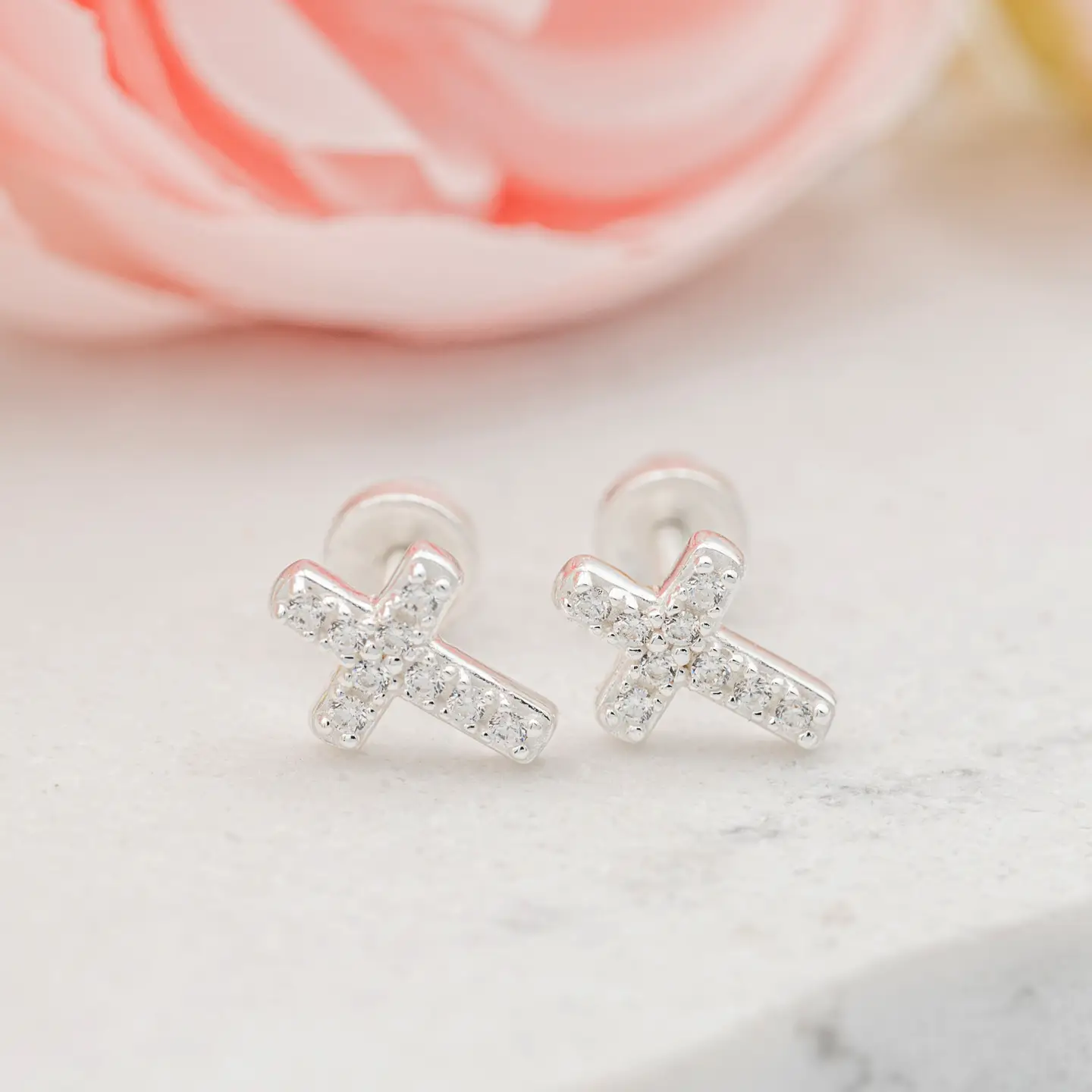 Silver Cross Earrings - Clear