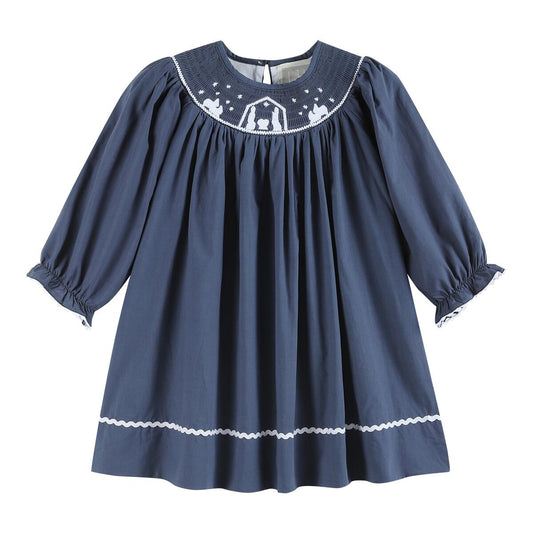 Navy Nativity Smocked Bishop Dress