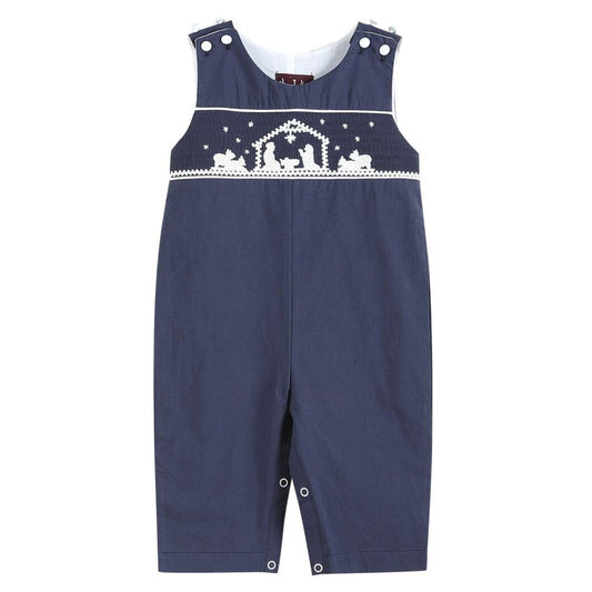 Dark Blue Nativity Smocked Overalls