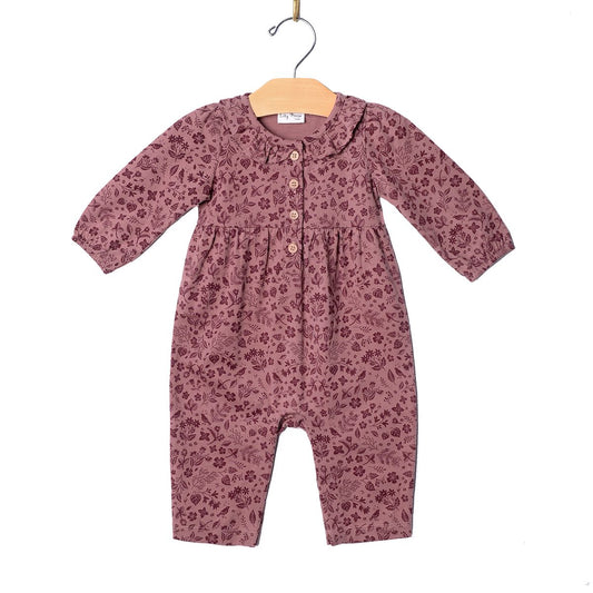 Frill Collar Romper - Plum Birds