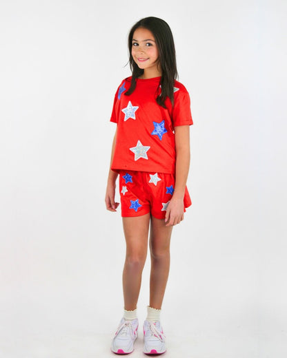 White and blue sequins stars shirt