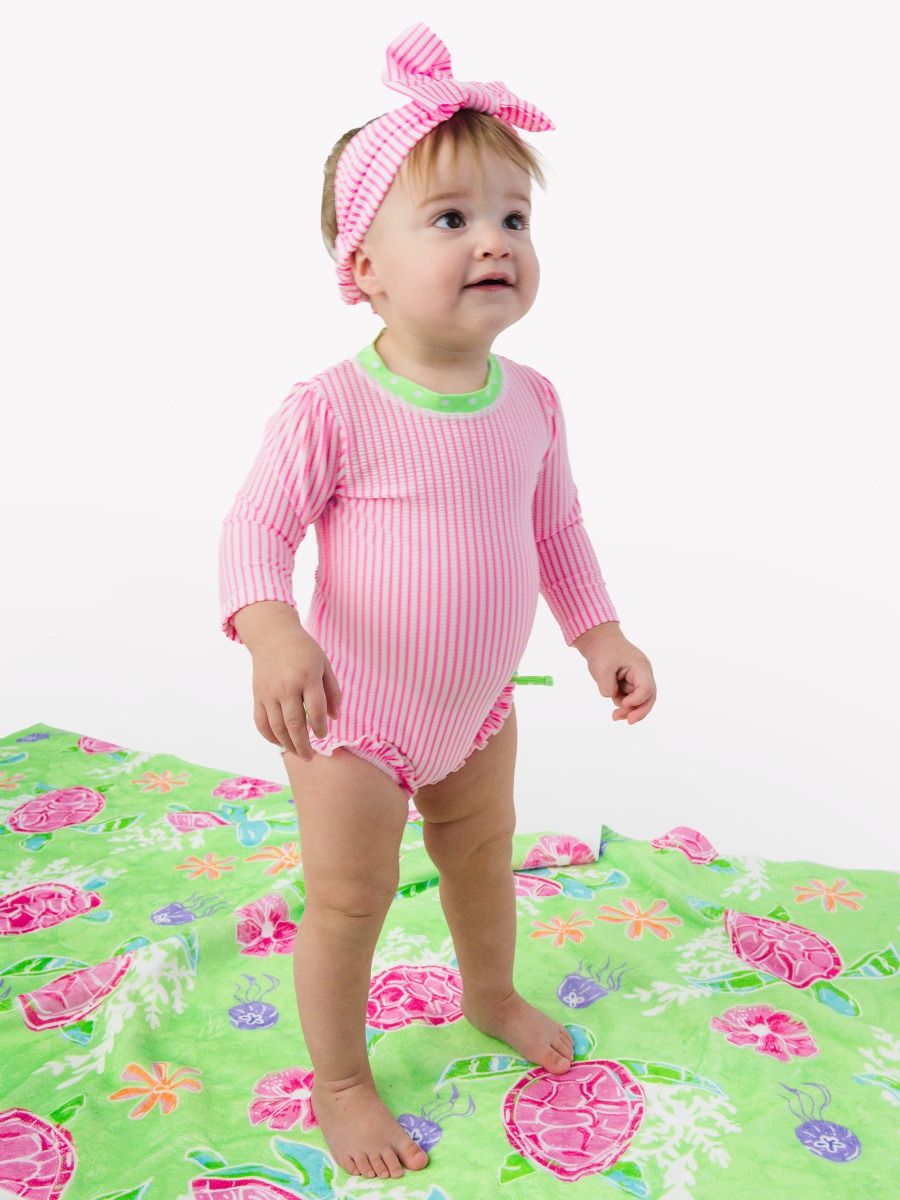 Neon Pink Seersucker One Piece Rash Guard Swimsuit