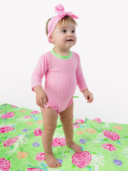 Neon Pink Seersucker One Piece Rash Guard Swimsuit