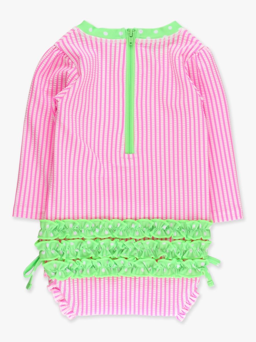 Neon Pink Seersucker One Piece Rash Guard Swimsuit