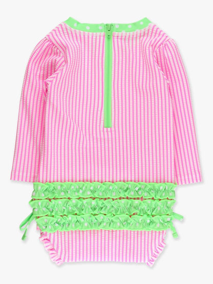 Neon Pink Seersucker One Piece Rash Guard Swimsuit