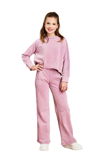 Rhinestone Stripe French Terry Pant - Rose Pink