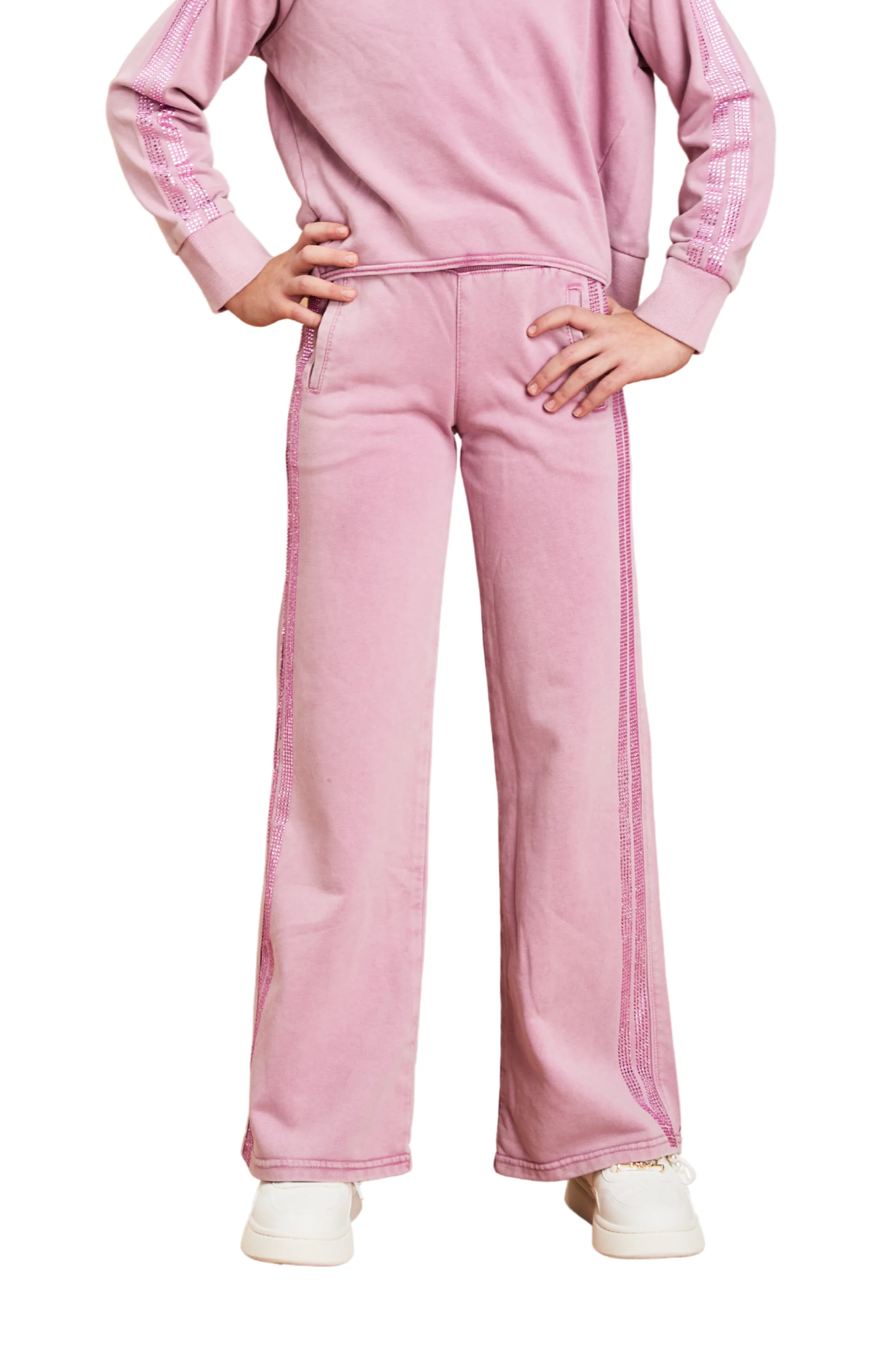 Rhinestone Stripe French Terry Pant - Rose Pink