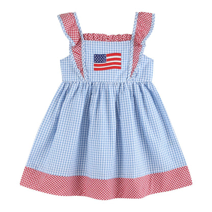Blue Gingham American Flag Ruffle Dress