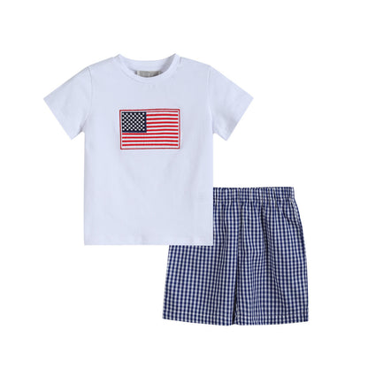 Blue Gingham USA Flag T-Shirt & Shorts Set
