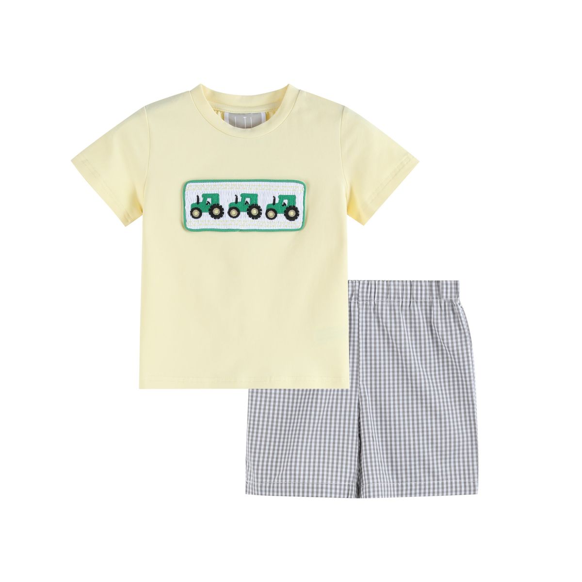 Green Tractor Smocked T-Shirt & Gray Gingham Shorts Set