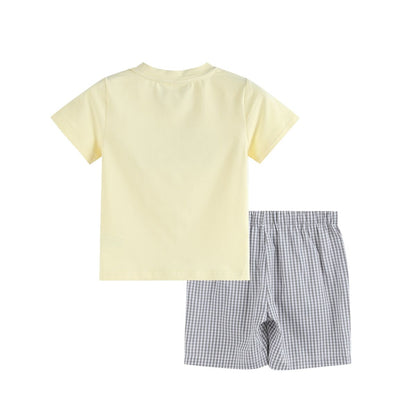 Green Tractor Smocked T-Shirt & Gray Gingham Shorts Set