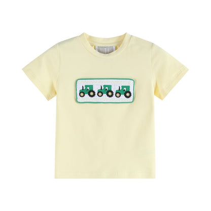 Green Tractor Smocked T-Shirt & Gray Gingham Shorts Set