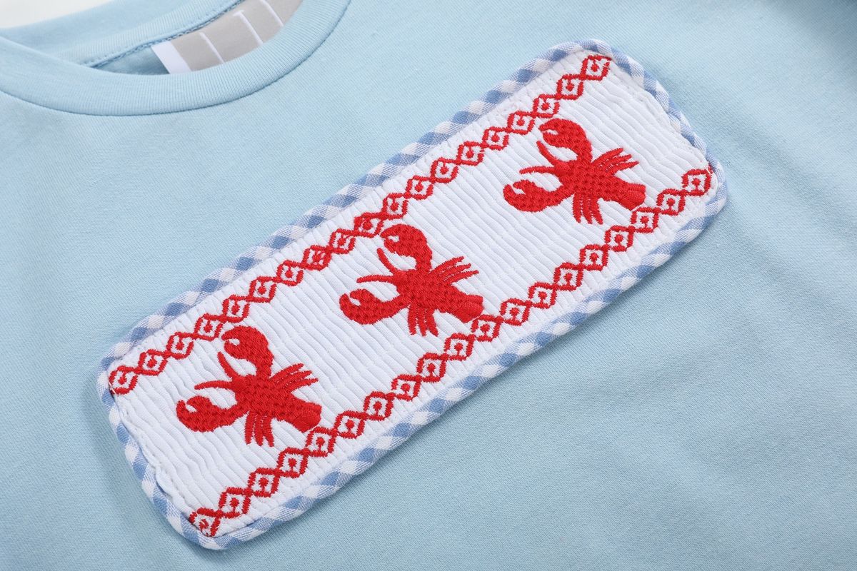 Blue Gingham Crawfish Smocked Shirt & Shorts Set