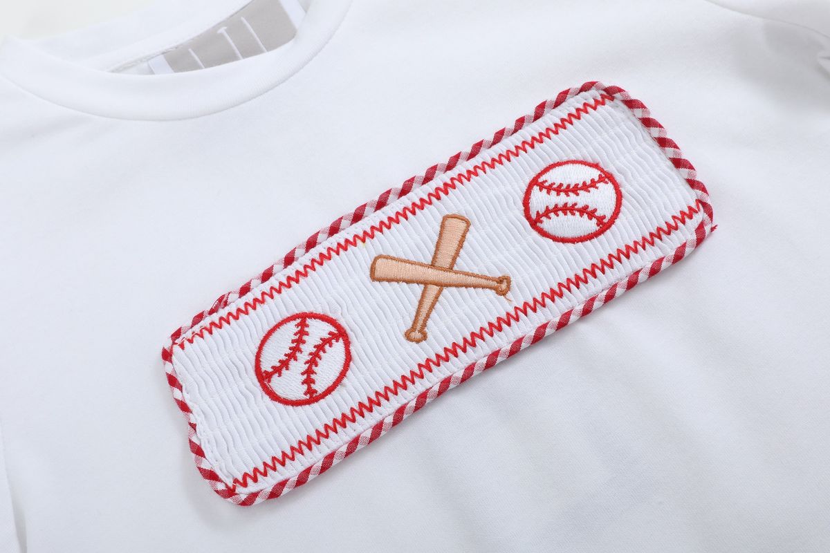 Baseball Smocked Shirt & Red Gingham Shorts Set