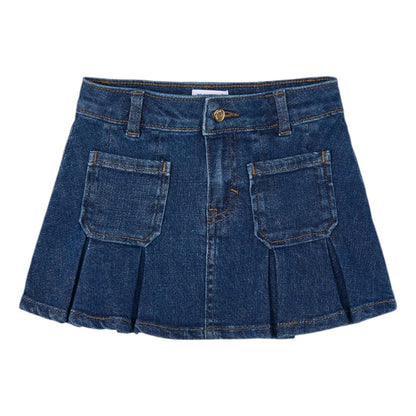 Pleated Denim Skirt - Dark Wash