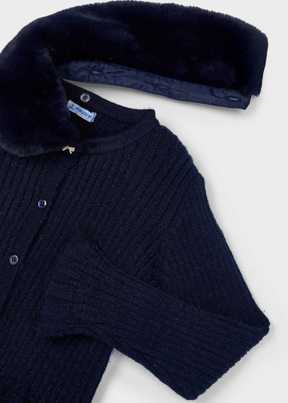 Faux Fur Collar Cardigan - Navy