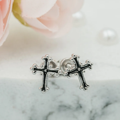 Scrolled Cross Earrings - Silver