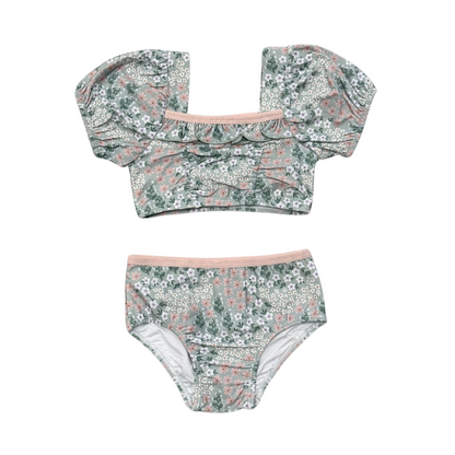 Aqua Grey Floral - Puff Sleeve Swimsuit