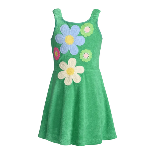 Fit & Flare Dress W/ Flower Trim Detail - Green