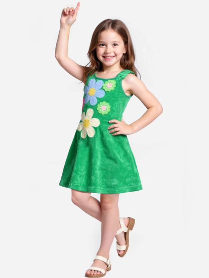 Fit & Flare Dress W/ Flower Trim Detail - Green