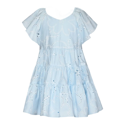 Eyelet Flutter Sleeve Dress - Blue