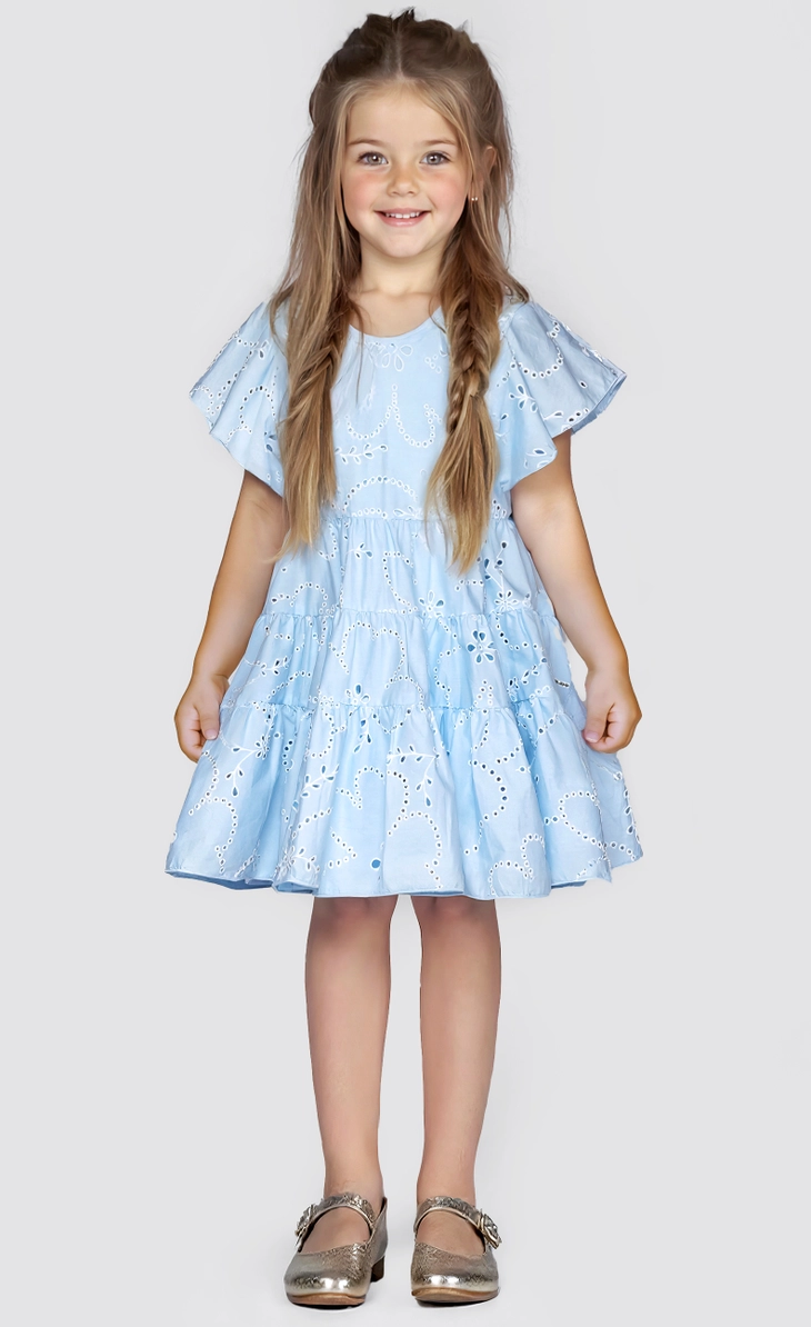 Eyelet Flutter Sleeve Dress - Blue