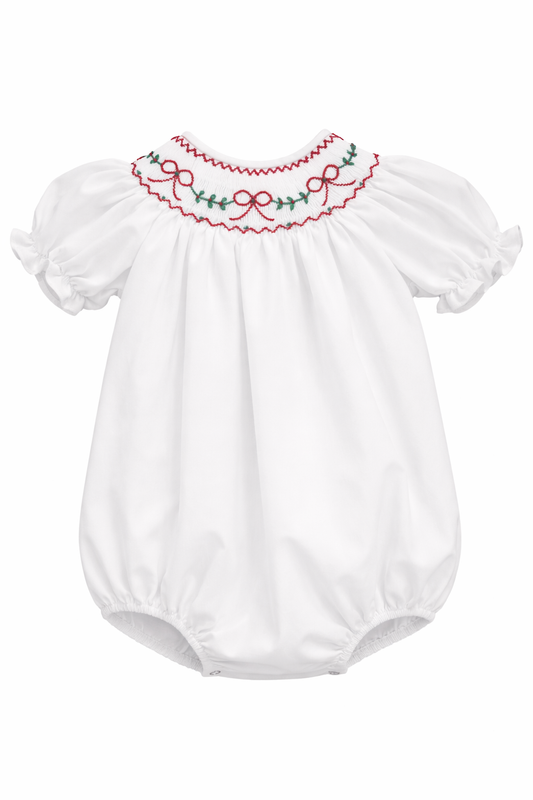 Wht Smocked Red Bow Bubble-187