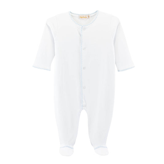 White Footie - Blue Crochet Trim