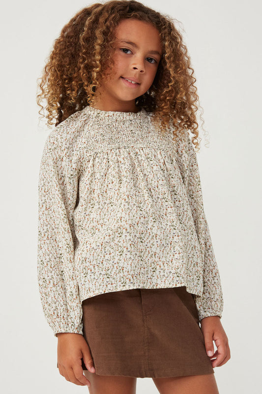 Ditsy Print Smocked LS Top