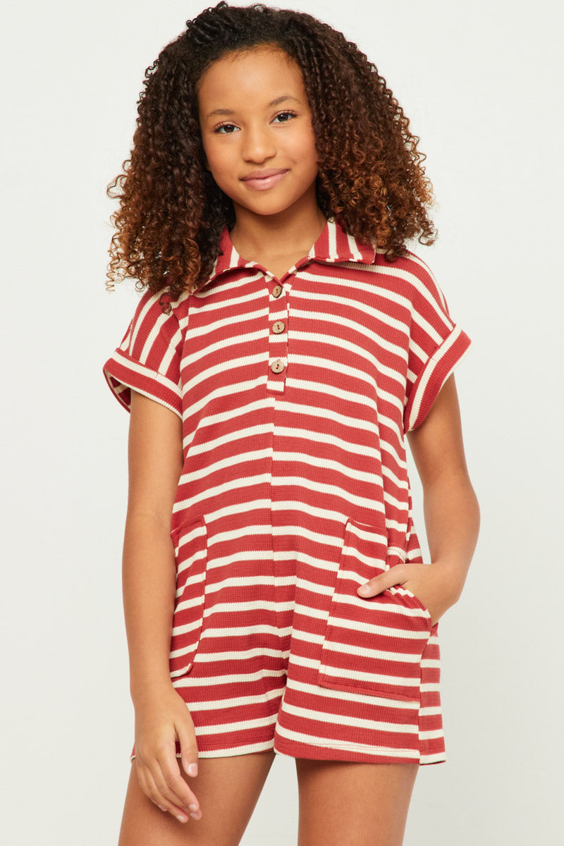 Striped Pocket Romper - Rust