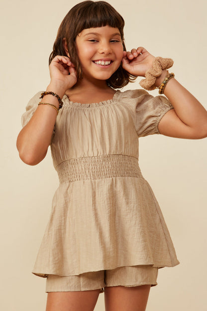 Smocked Skirted Romper - Beige