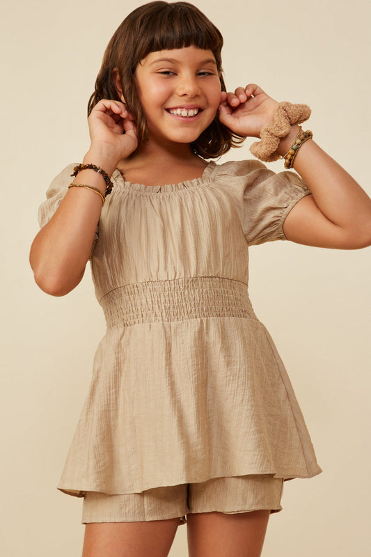 Smocked Skirted Romper - Beige