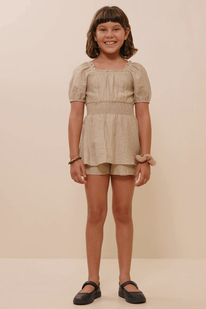 Smocked Skirted Romper - Beige