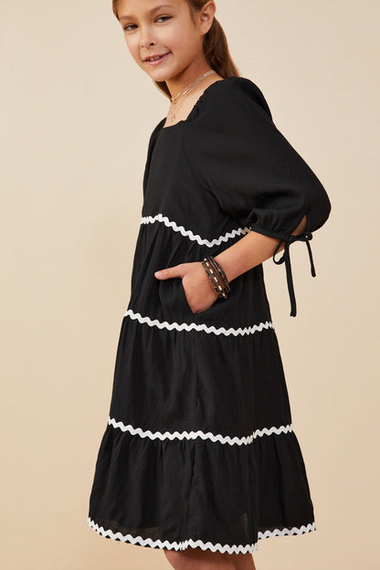 Wavy Twill Trim Dress - Black