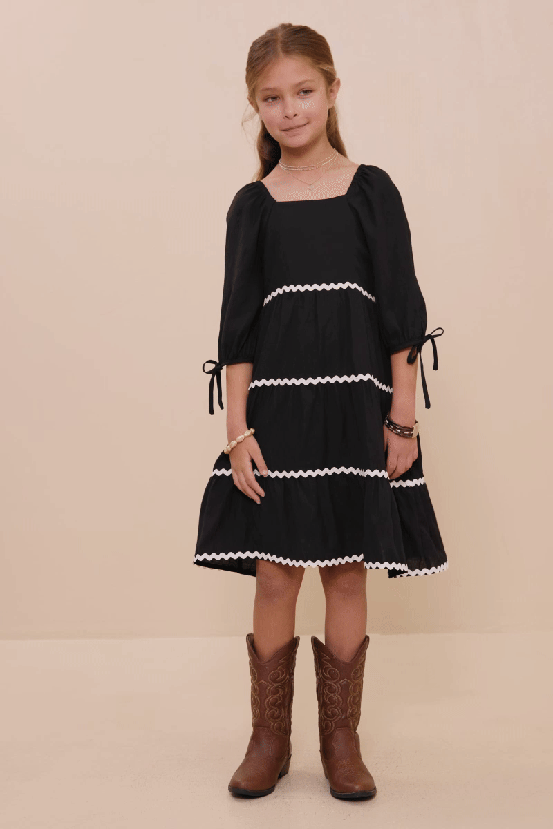 Wavy Twill Trim Dress - Black