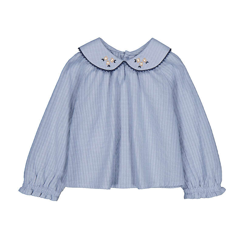 Ruffle Emb Collar Shirt-Blue