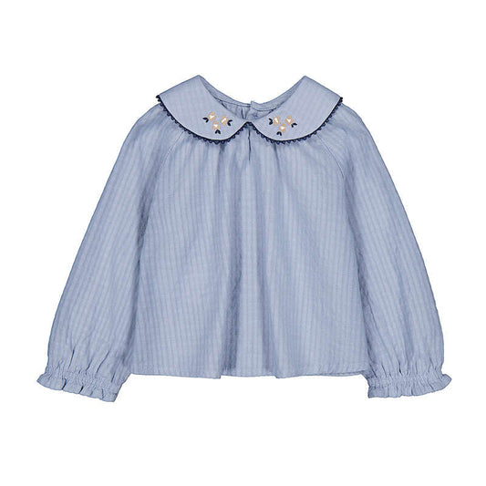 Ruffle Emb Collar Shirt-Blue