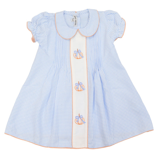 Blue Ging. Emb. Pumpkin Bow Dress