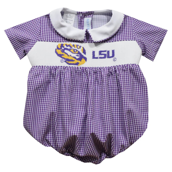 LSU Smocked Purple Gingham Bubble