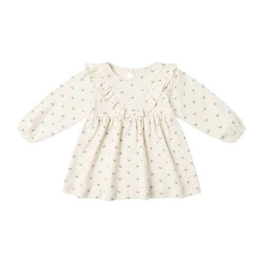 Ruffle V L/S Dress - Blue Ditsy