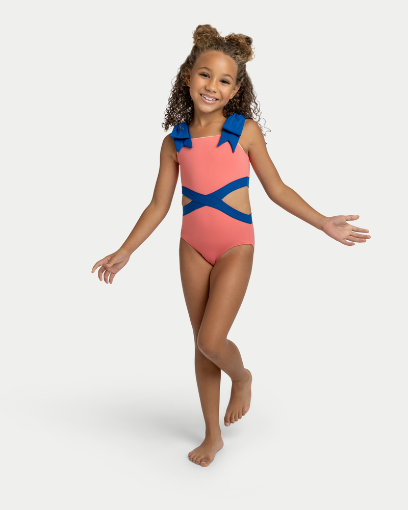Riley Leotard - Coral & Power Blue