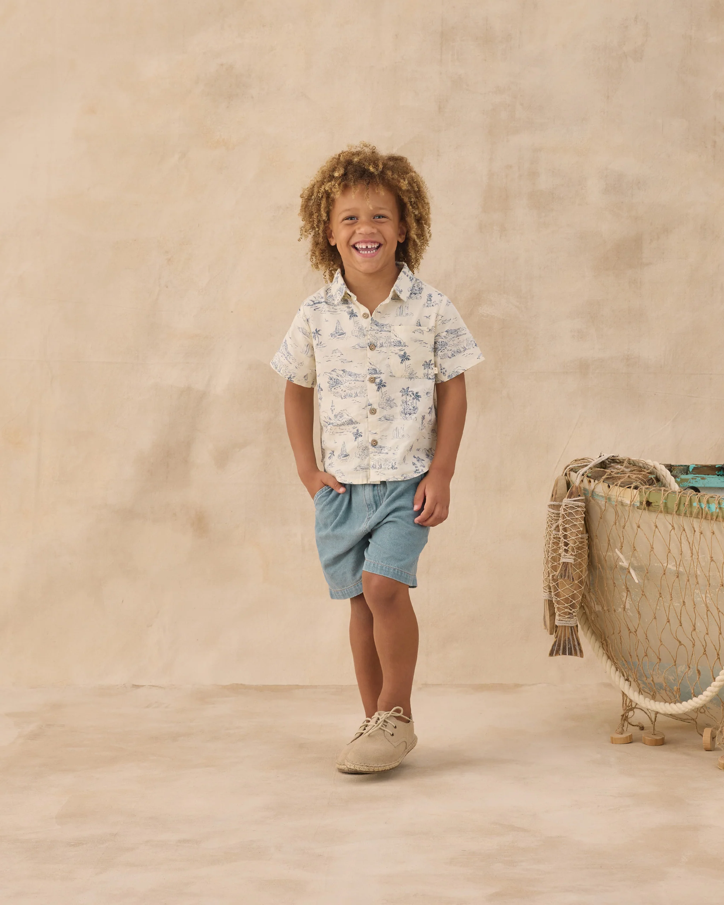 Collared S/S Shirt - Ocean Toile