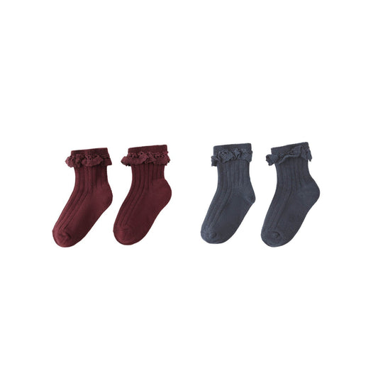 Lace Trim Socks - Burgundy/Navy