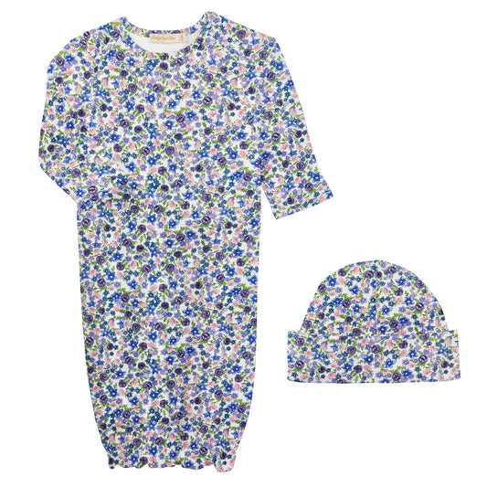 Blue Little Flowers Gown & Hat Set