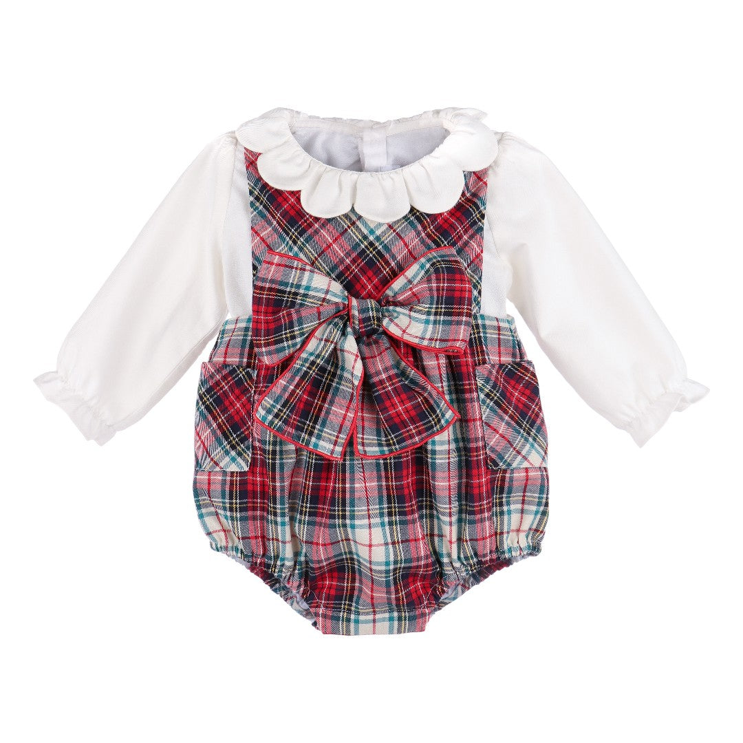 Gingerbread Plaid Bow Overall